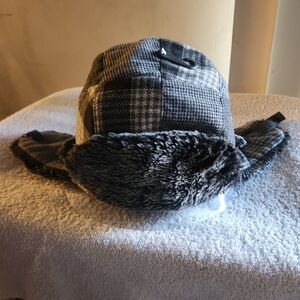 Plaid Faux Fur Trapper Hat - Gray and Black